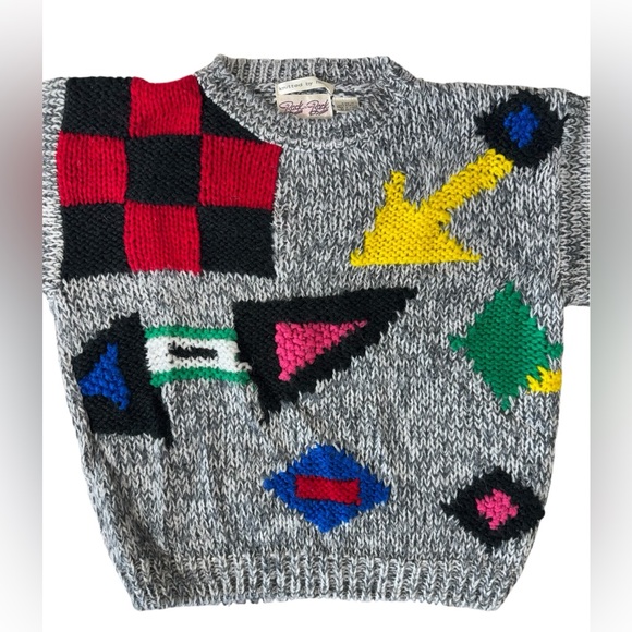 Back To Back Hand Knit Funky 80s Geometric 80s Retro Sweater Vintage | Size L - Picture 3 of 6